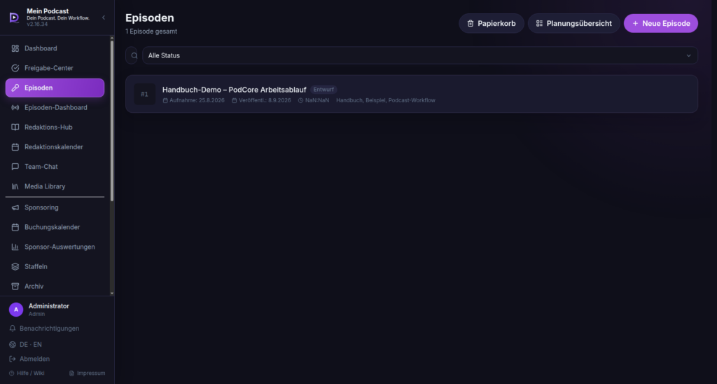 PodCore Episoden-Editor mit Script-Tabs, Scriptblöcken, Checkliste und Freigabe